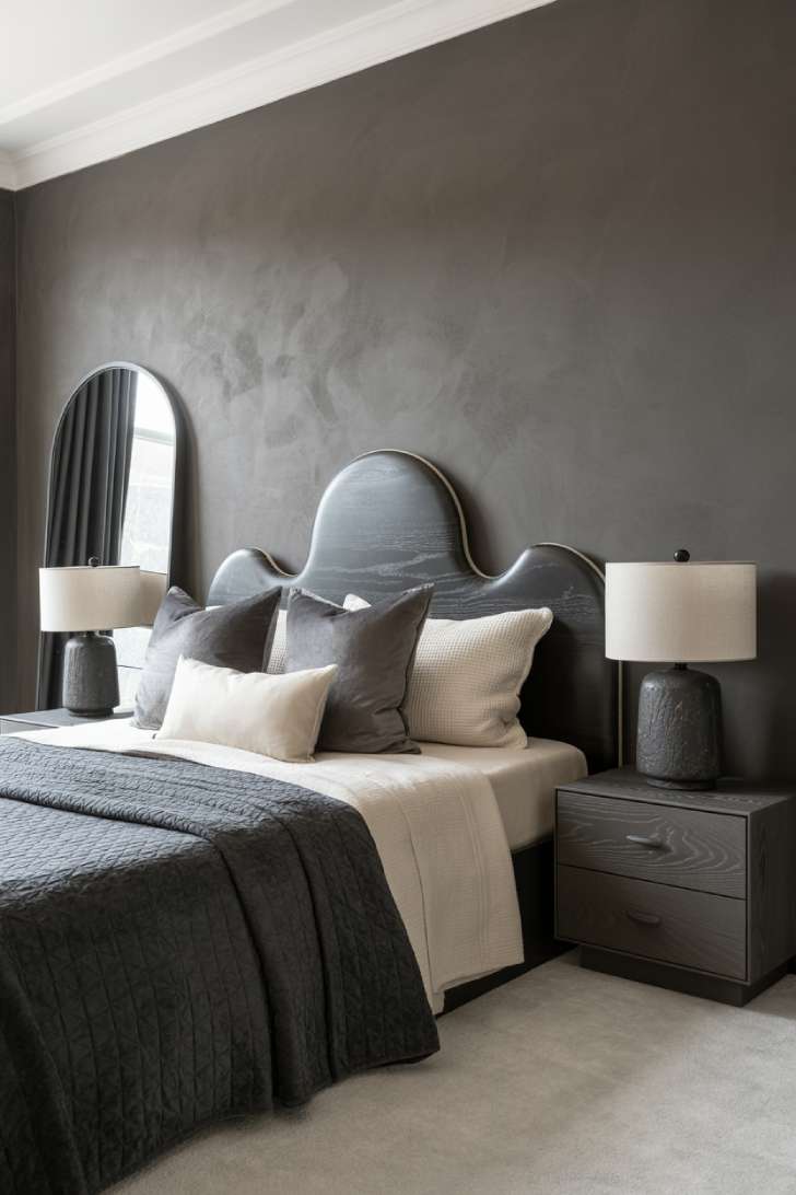 A sophisticated monochromatic bedroom in black, charcoal, slate, and cream with a curved chenille headboard, dark oak flooring, and a black marble fireplace