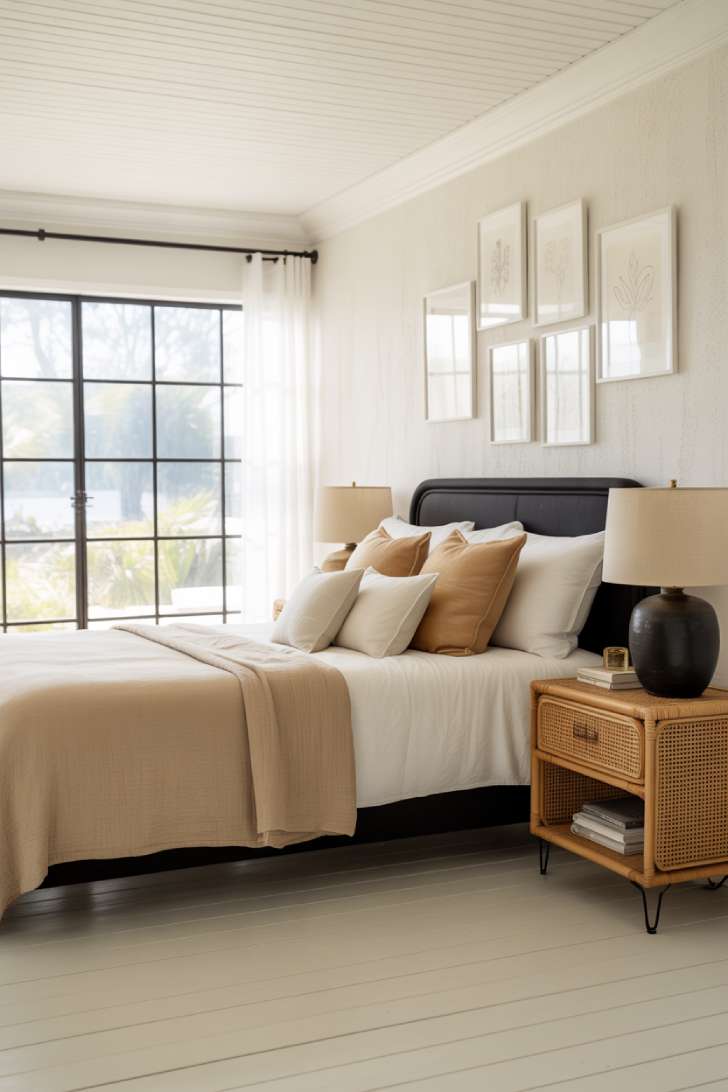 A fresh coastal bedroom with a black powder-coated iron bed, bleached oak floors, grid-panel window, and gallery wall of black-framed botanical drawings