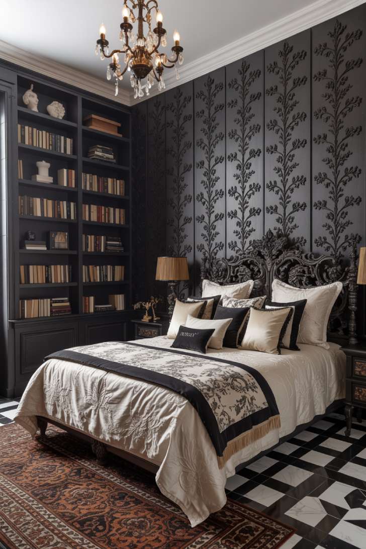 An opulent maximalist bedroom with black floral wallpaper, carved ebonized four-poster bed, crystal chandelier, and diamond-patterned marble floors
