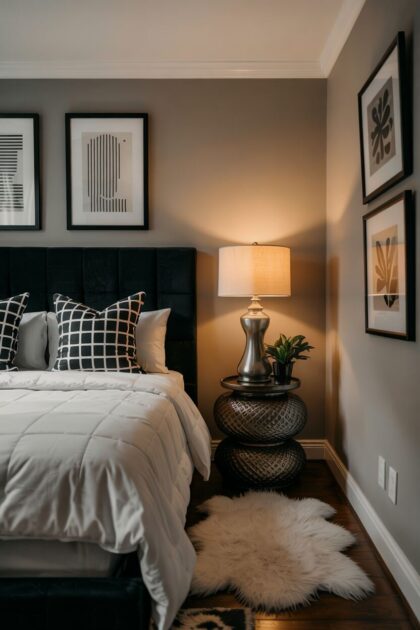A black and white bedroom