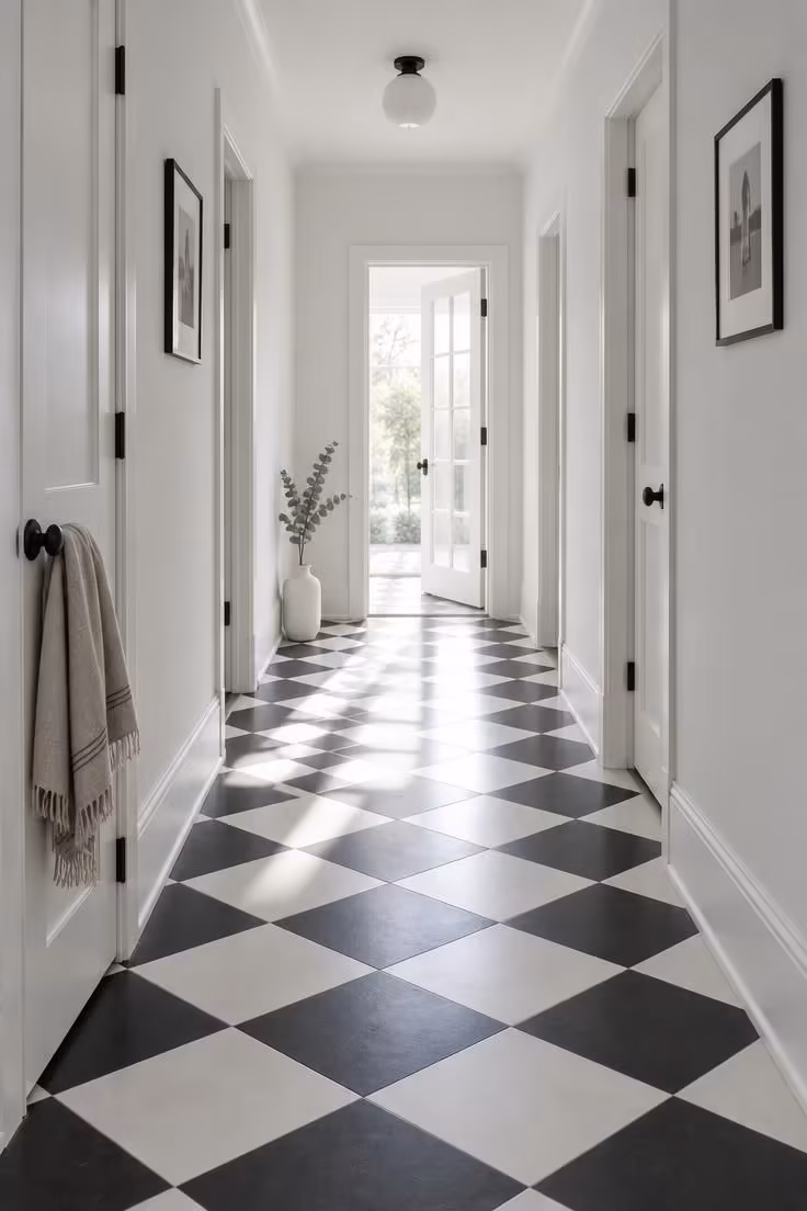 13 Warm Black and White Hallway Ideas for a Bold Entry 1 A diagonal checkerboard tile floor in matte black and soft white running the length of a plain-walled hallway under bright midday light.