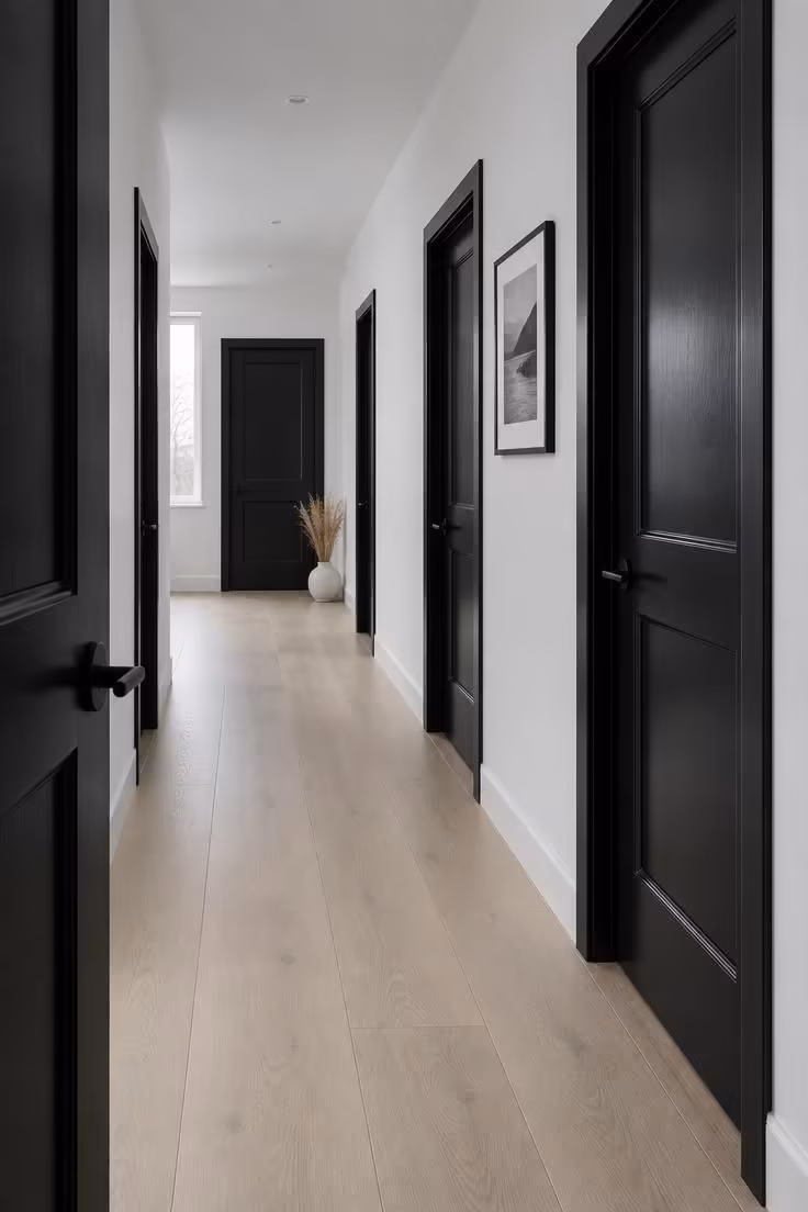 13 Warm Black and White Hallway Ideas for a Bold Entry 3 A white corridor where saturated black interior doors repeat down one side, forming a graphic rhythm under cool overcast light.