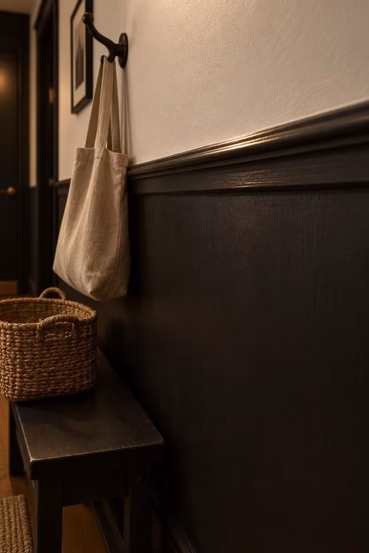 13 Warm Black and White Hallway Ideas for a Bold Entry 4 A close detail of black wainscoting below a white-painted chair rail with a white upper wall in a softly lit hallway.