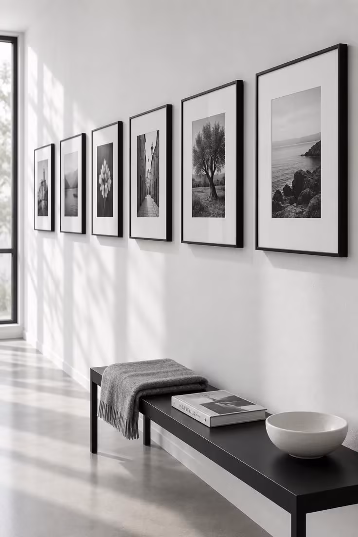 13 Warm Black and White Hallway Ideas for a Bold Entry 6 A uniform row of black-framed art with white mats on a white hallway wall under bright side light.