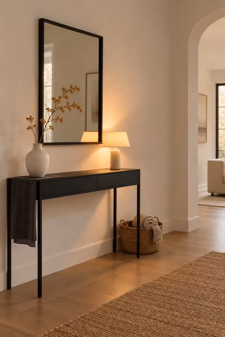 13 Warm Black and White Hallway Ideas for a Bold Entry 7 A slim black console table against a white hallway wall topped with a white vase and a black-framed mirror under warm lamp light.