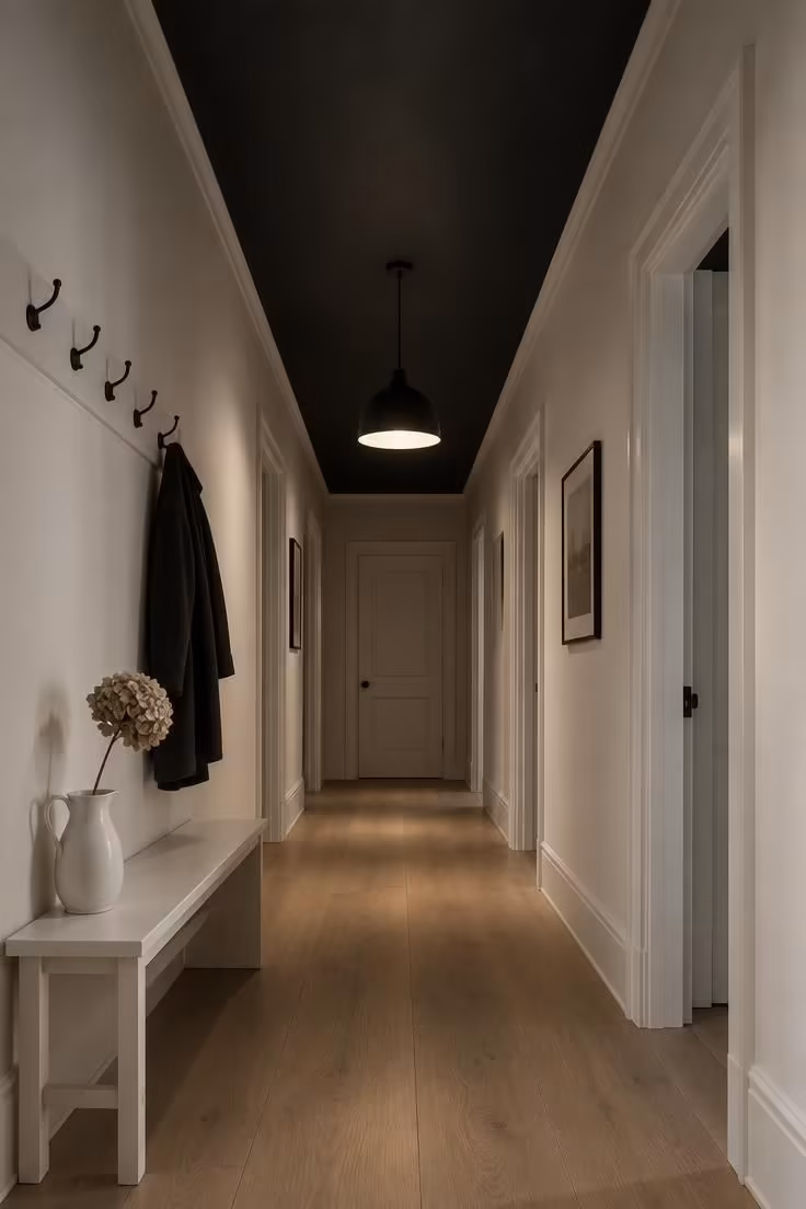 13 Warm Black and White Hallway Ideas for a Bold Entry 8 A hallway with a black-painted ceiling and white walls, lit moodily by a single pendant that softens the dark plane above.