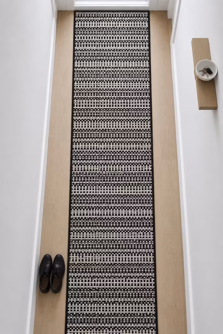 13 Warm Black and White Hallway Ideas for a Bold Entry 9 An overhead view of a black-and-white patterned flat-weave rug runner down a narrow hallway with pale flooring visible on both sides.