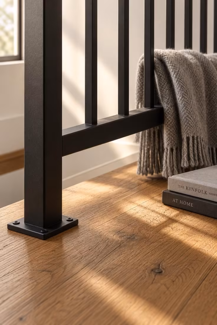 13 Warm Black and White Hallway Ideas for a Bold Entry 10 A close detail of a black metal stair railing meeting a warm wood floor against white hallway walls.