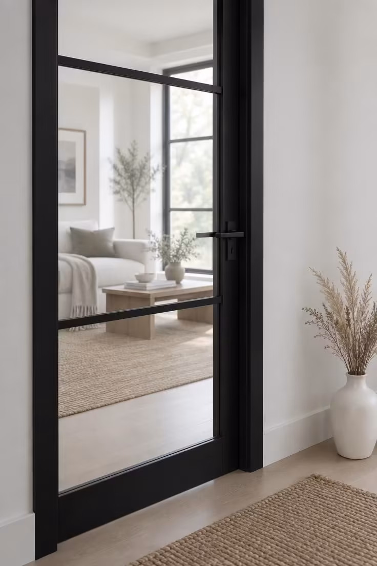 13 Warm Black and White Hallway Ideas for a Bold Entry 11 A black-framed glass door viewed from a white hallway with borrowed daylight visible through the panel.