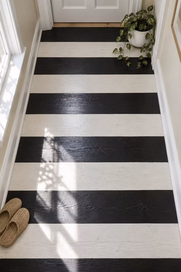 13 Warm Black and White Hallway Ideas for a Bold Entry 12 Overhead view of painted floorboards in a wide black-and-white stripe pattern running down a pale hallway.