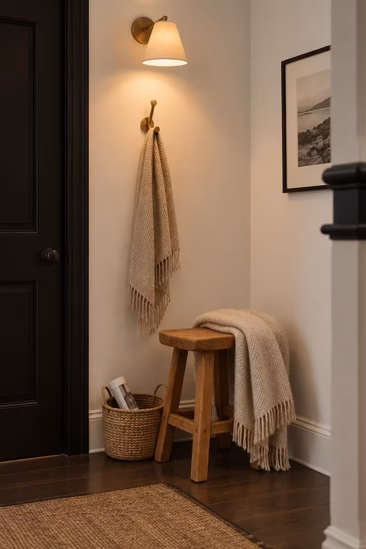 13 Warm Black and White Hallway Ideas for a Bold Entry 13 A hallway corner with a strict black-and-white palette warmed by a brass hook, a wood stool, and a linen shade.