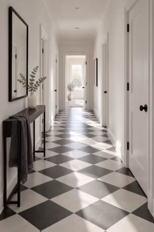 A black and white hallway with a diagonal checkerboard tile floor, plain white walls, a slim black console, and soft daylight from a far doorway.