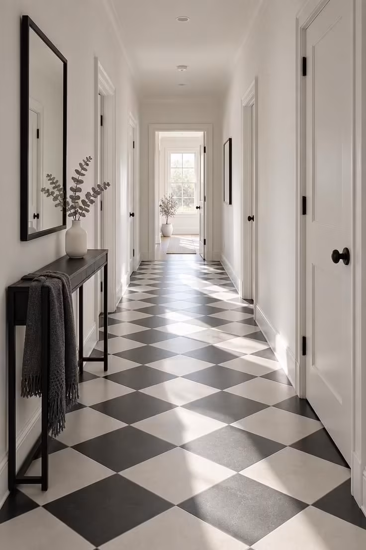 Simple Spaces 15 A black and white hallway with a diagonal checkerboard tile floor, plain white walls, a slim black console, and soft daylight from a far doorway.