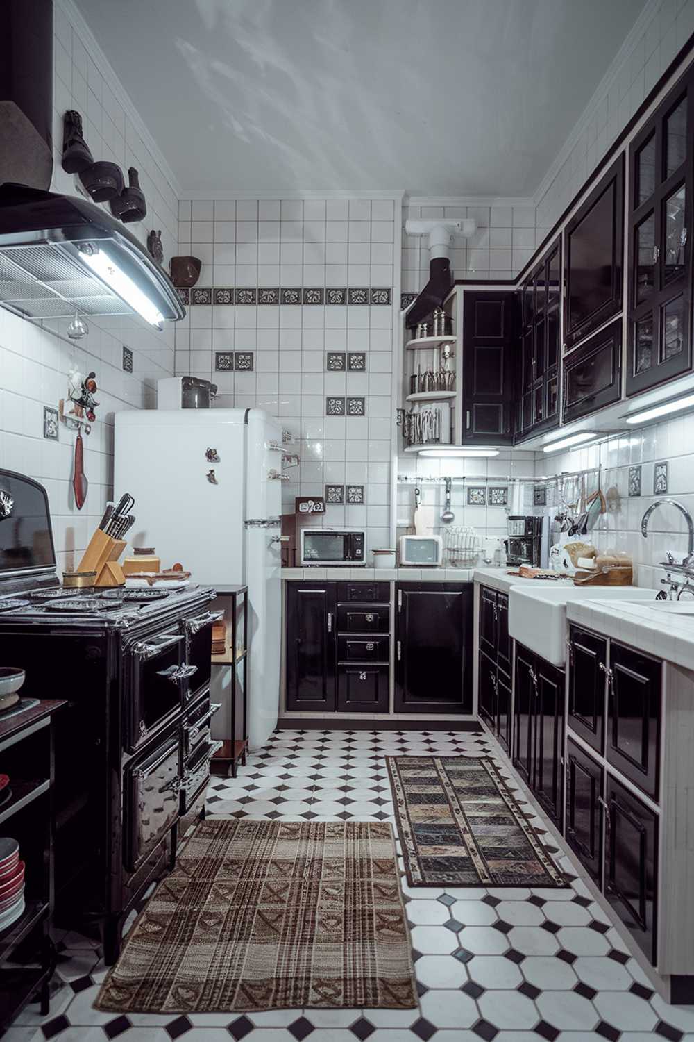 A black and white kitchen with a vintage touch. The kitchen has a vintage stove, a refrigerator, and a sink. There are cabinets and a countertop. There is a rug on the floor. There are various kitchen utensils and items placed around the kitchen. The walls have decorative tiles. The lighting is bright.