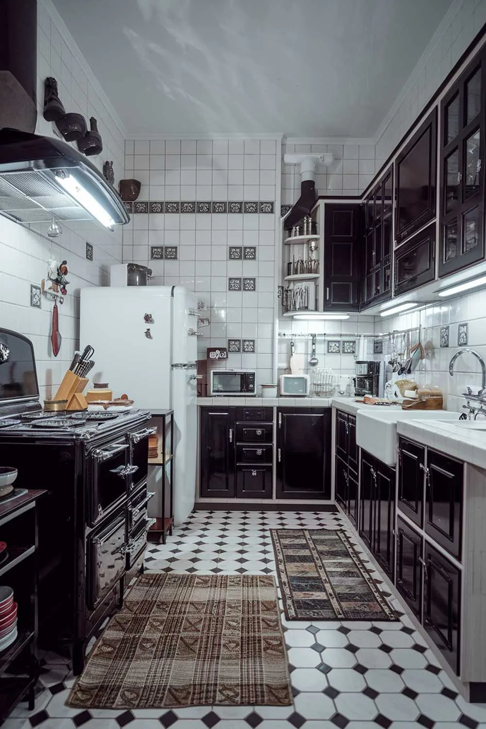 23 Stunning Black and White Kitchen Ideas for Timeless Style 1 A black and white kitchen with a vintage touch. The kitchen has a vintage stove, a refrigerator, and a sink. There are cabinets and a countertop. There is a rug on the floor. There are various kitchen utensils and items placed around the kitchen. The walls have decorative tiles. The lighting is bright.