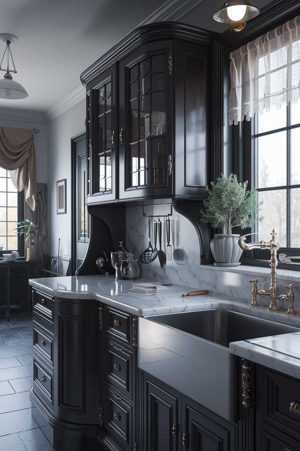 A black and white kitchen with a marble countertop, a stainless steel sink, and a vintage faucet. There's a wooden cabinet with a curved design and a few utensils. A potted plant sits on the countertop. The room has a window with a curtain and a light fixture hanging from the ceiling. The floor is made of gray tiles.