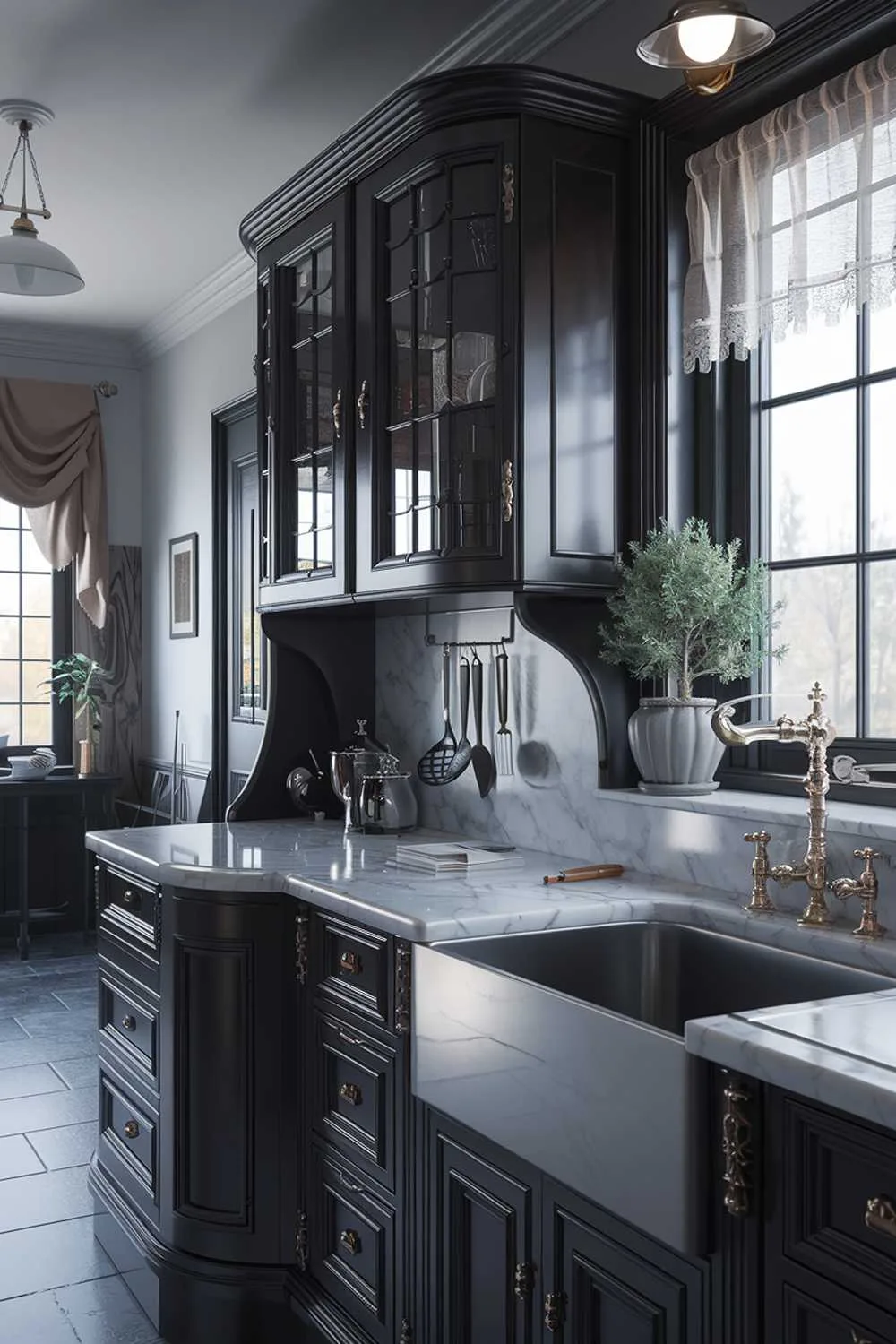 23 Stunning Black and White Kitchen Ideas for Timeless Style 2 A black and white kitchen with a marble countertop, a stainless steel sink, and a vintage faucet. There's a wooden cabinet with a curved design and a few utensils. A potted plant sits on the countertop. The room has a window with a curtain and a light fixture hanging from the ceiling. The floor is made of gray tiles.