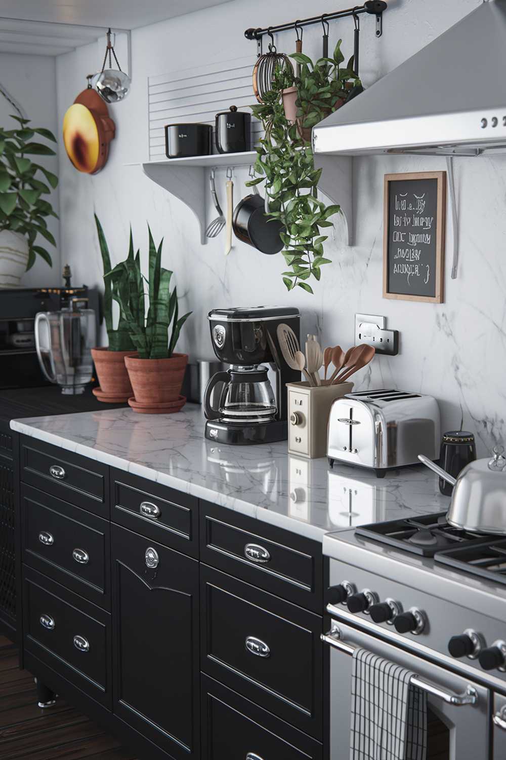 A black and white kitchen with a marble countertop, stainless steel appliances, and a few potted plants. There's a vintage coffee maker, a toaster, and a few utensils on the countertop. The wall has a few hanging pots and a chalkboard with a message. The floor is made of dark wood.