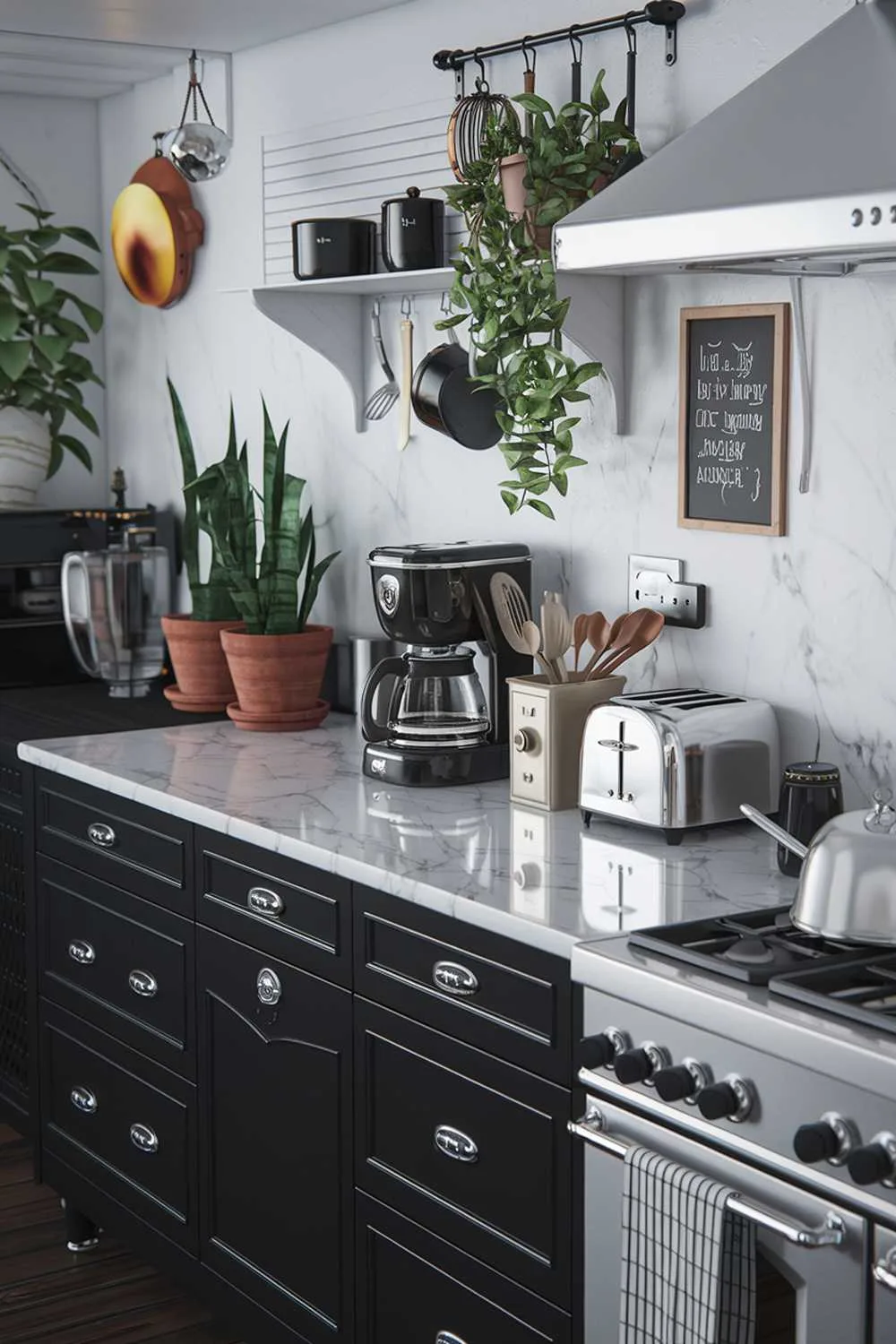 23 Stunning Black and White Kitchen Ideas for Timeless Style 3 A black and white kitchen with a marble countertop, stainless steel appliances, and a few potted plants. There's a vintage coffee maker, a toaster, and a few utensils on the countertop. The wall has a few hanging pots and a chalkboard with a message. The floor is made of dark wood.