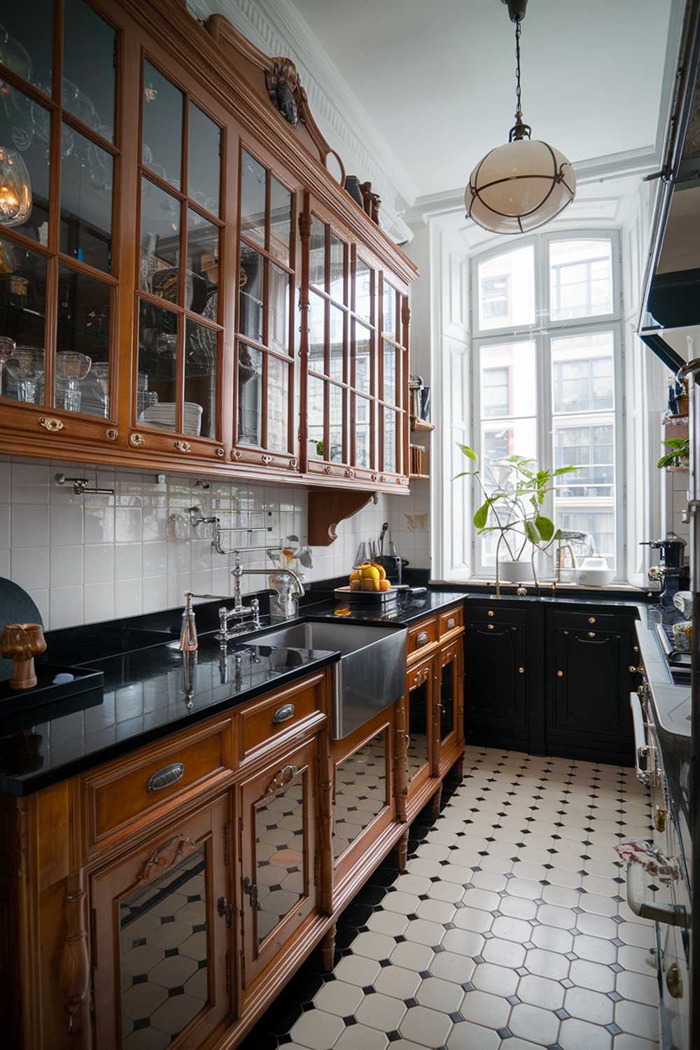 A black and white kitchen. The kitchen has a highly detailed decor, with a vintage touch. There's a wooden cabinet with glass doors, a stainless steel sink, and a black countertop. A vintage-style light fixture hangs above the sink. The floor is made of black and white tiles. A plant sits on the windowsill.