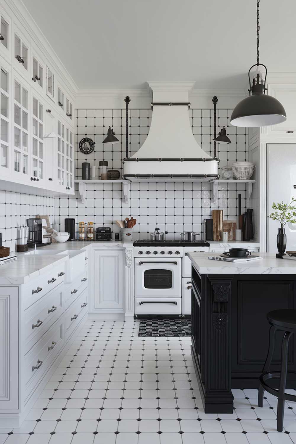 A white kitchen with black accents. The kitchen has a white countertop, white cabinets, and a white range hood. There is a black pendant light above the island. The backsplash has black and white tiles. The island has a black base and white countertop. There is a black stool near the island. The floor has white tiles.