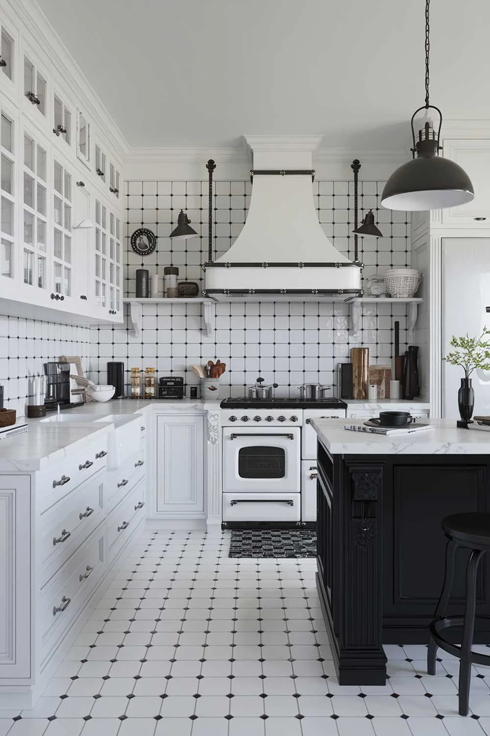 23 Stunning Black and White Kitchen Ideas for Timeless Style 7 A white kitchen with black accents. The kitchen has a white countertop, white cabinets, and a white range hood. There is a black pendant light above the island. The backsplash has black and white tiles. The island has a black base and white countertop. There is a black stool near the island. The floor has white tiles.