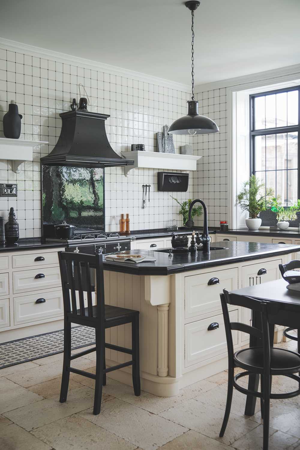 A white kitchen with black accents, featuring a large island with a black countertop and a black pendant light hanging above it. There is a black faucet and a black stove hood over the island. The cabinets have black handles and the backsplash has a black and white tile pattern. There is a black chair at the island and a black table with two chairs near the window. The floor is made of beige tiles. There are potted plants near the window and on the countertop. The walls have a few decorative items, including a black vase and a white vase with a black base.