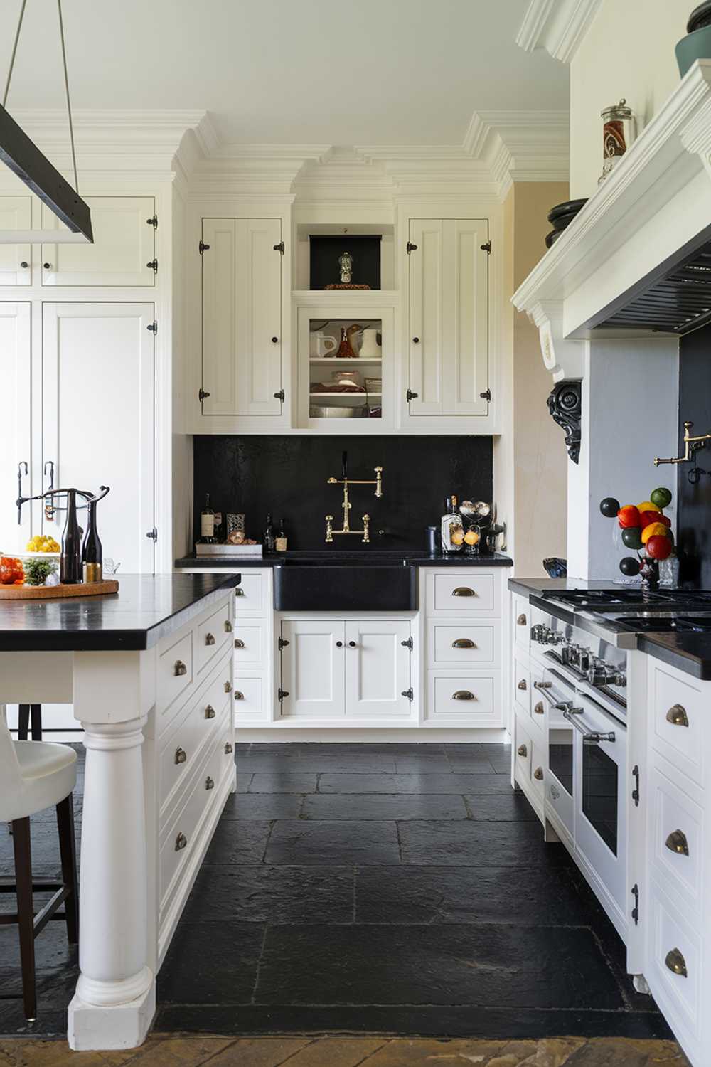 A white kitchen with black accents. The kitchen has a white island with black countertops and a black sink. There's a white cabinet with black handles and a black backsplash behind the sink. The floor is made of black tiles. There's a white chair near the island. The walls and cabinets have some black accents. The lighting is bright.