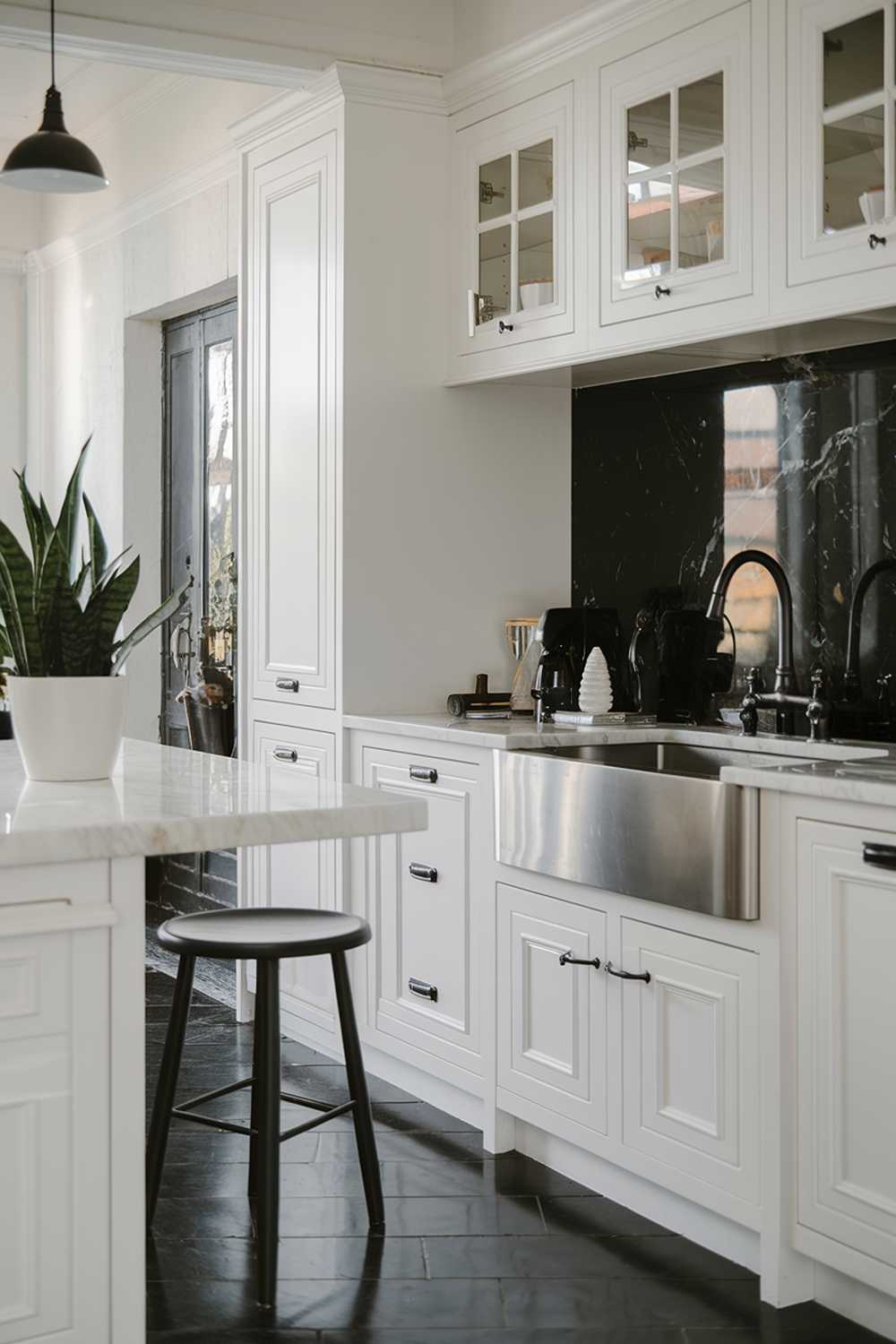 A white kitchen with black accents. The kitchen has a marble countertop, a stainless steel sink, and a black faucet. There is a white cabinet with black handles and a black backsplash. There is a black barstool and a white potted plant. The floor is made of black and white tiles. The lighting is bright.