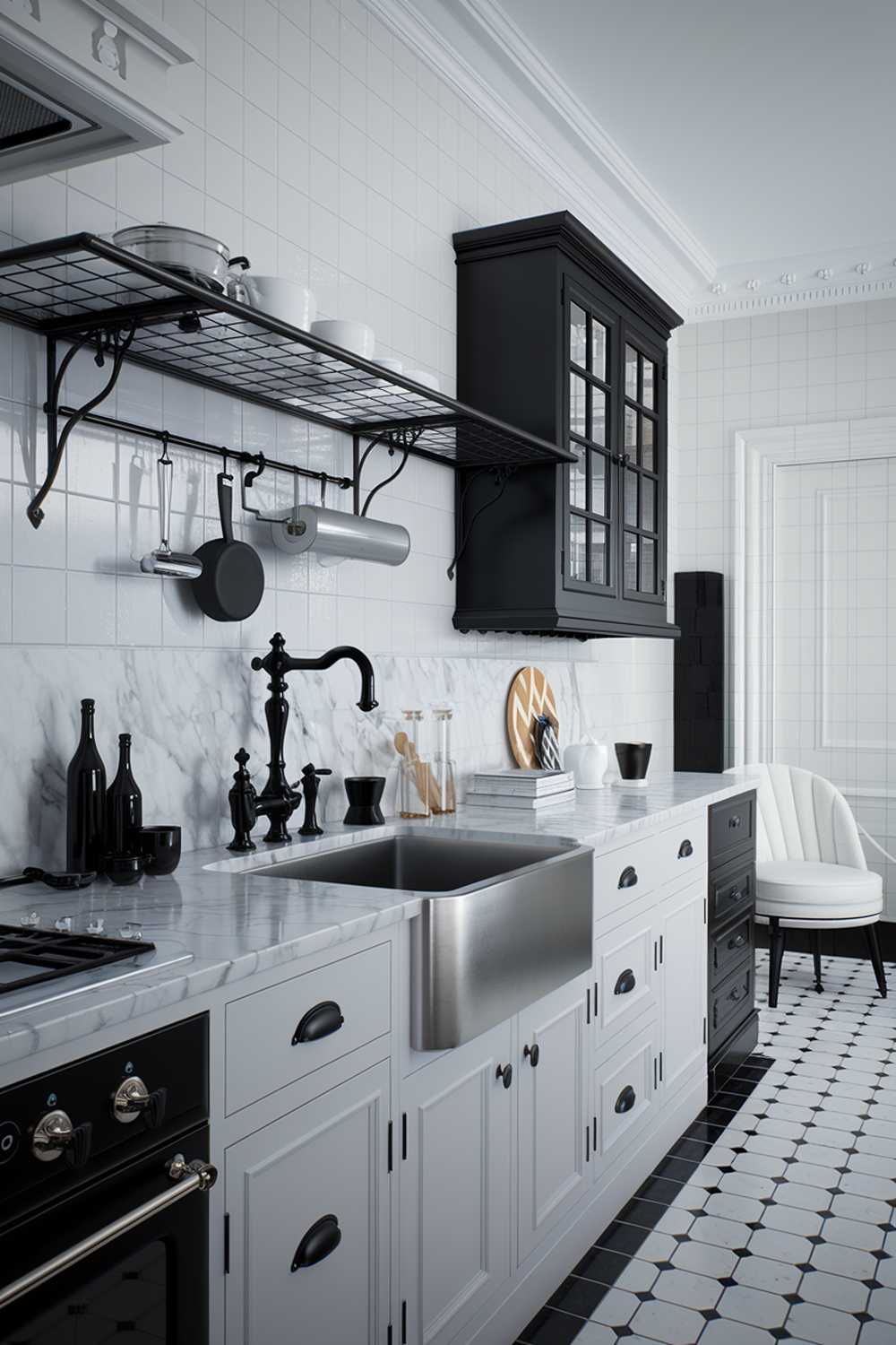 A highly detailed stylish white kitchen with black accents. The kitchen has a marble countertop, a stainless steel sink, and a black faucet. There's a black cabinet on the wall and a black pot rack above the sink. There's a white cabinet with a black handle below the sink. The floor is made of black and white tiles. There's a white chair in the corner. The lighting is soft.