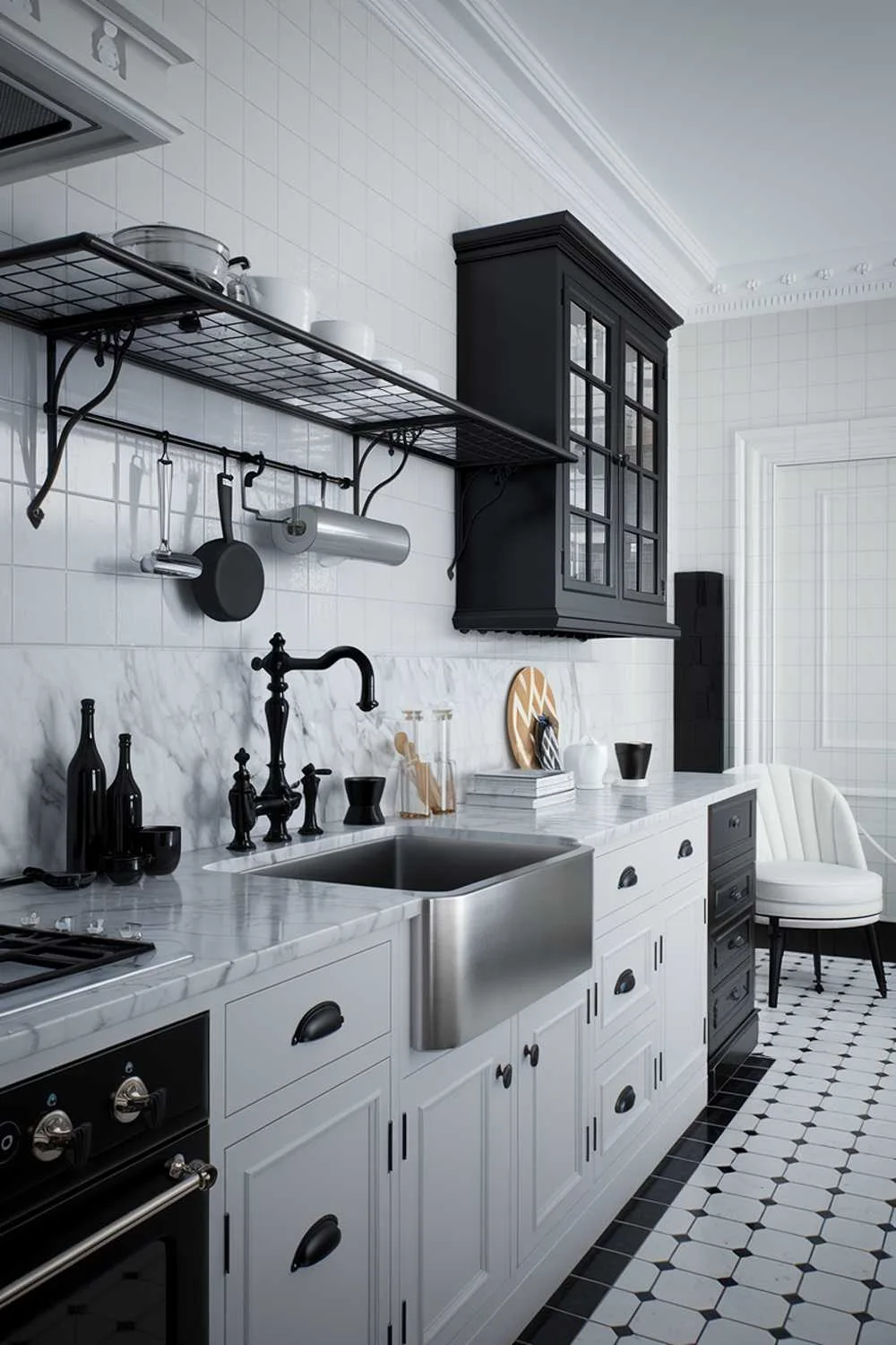 23 Stunning Black and White Kitchen Ideas for Timeless Style 11 A highly detailed stylish white kitchen with black accents. The kitchen has a marble countertop, a stainless steel sink, and a black faucet. There's a black cabinet on the wall and a black pot rack above the sink. There's a white cabinet with a black handle below the sink. The floor is made of black and white tiles. There's a white chair in the corner. The lighting is soft.