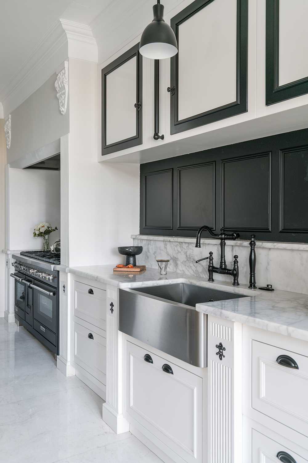 A white kitchen with black accents. The kitchen has a marble countertop, a stainless steel sink, and a black faucet. There is a white cabinet with black accents above the sink. The wall behind the cabinet has a black accent panel. The floor is made of white tiles. There is a black pendant light hanging above the sink.