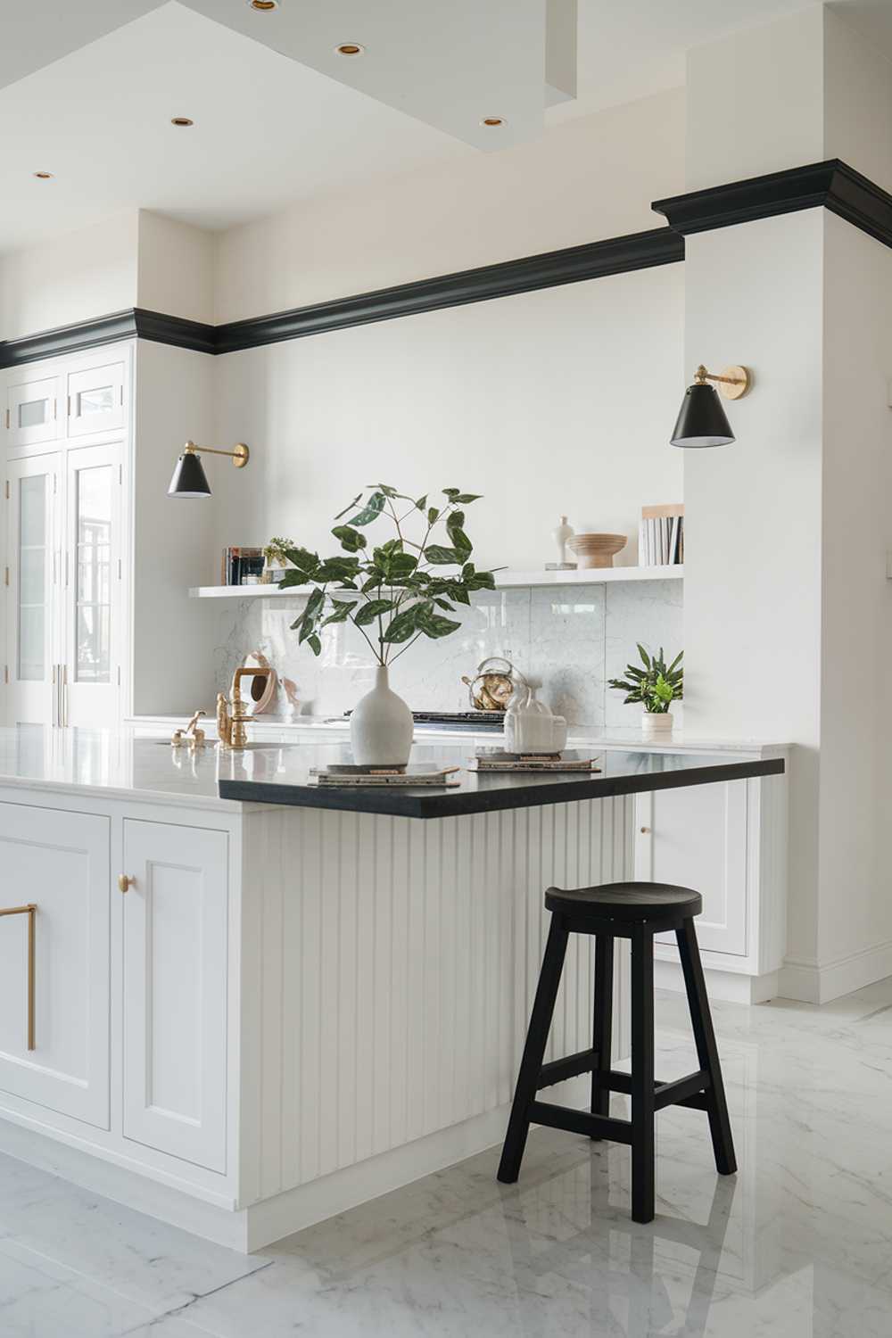 A white kitchen with black accents. The kitchen has a white island with a black countertop, a white cabinet with a black door, and a white wall with a black accent strip. There's a black stool near the island. The floor is made of white marble. There are gold fixtures on the wall and around the island. A plant sits on the black countertop.