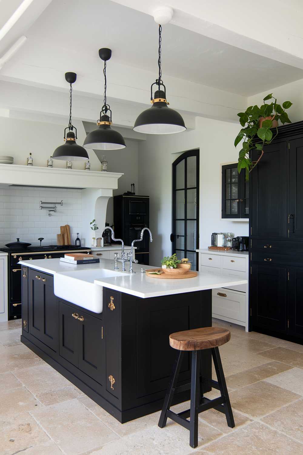 A white kitchen with black accents, including a black island with a white countertop, black pendant lights, and black cabinetry. The kitchen has a farmhouse sink, a double oven, and a hood over the stove. There is a wooden stool near the island and a potted plant near the black cabinet. The floor is made of beige tiles.