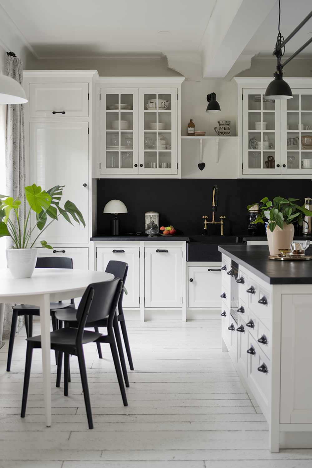 A white kitchen with black accents. The kitchen has a white island with a black counter and a black sink. There are white cabinets with black handles and a black backsplash. There is a white table with black chairs. The floor is made of white tiles. There are potted plants and a lamp on the counter.