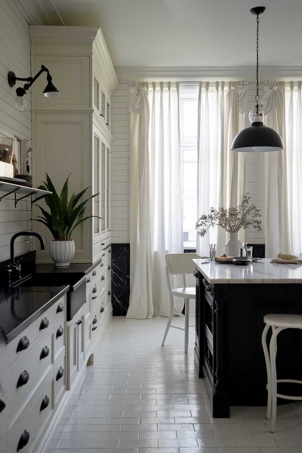 A cozy white kitchen with black accents. The kitchen features a black island with a marble countertop, a black pendant light, and a black sink. There's a white cabinet with black handles on the left wall. A black countertop extends from the wall, with a white potted plant on it. A white chair is placed near the island. The floor is made of white tiles. The room has a window with white curtains, casting a soft light on the space.