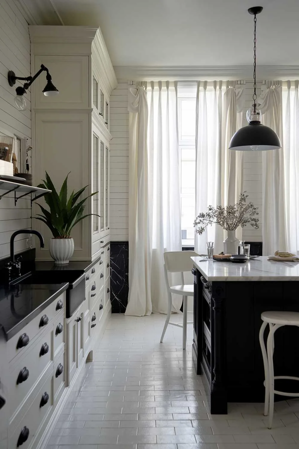 23 Stunning Black and White Kitchen Ideas for Timeless Style 16 A cozy white kitchen with black accents. The kitchen features a black island with a marble countertop, a black pendant light, and a black sink. There's a white cabinet with black handles on the left wall. A black countertop extends from the wall, with a white potted plant on it. A white chair is placed near the island. The floor is made of white tiles. The room has a window with white curtains, casting a soft light on the space.