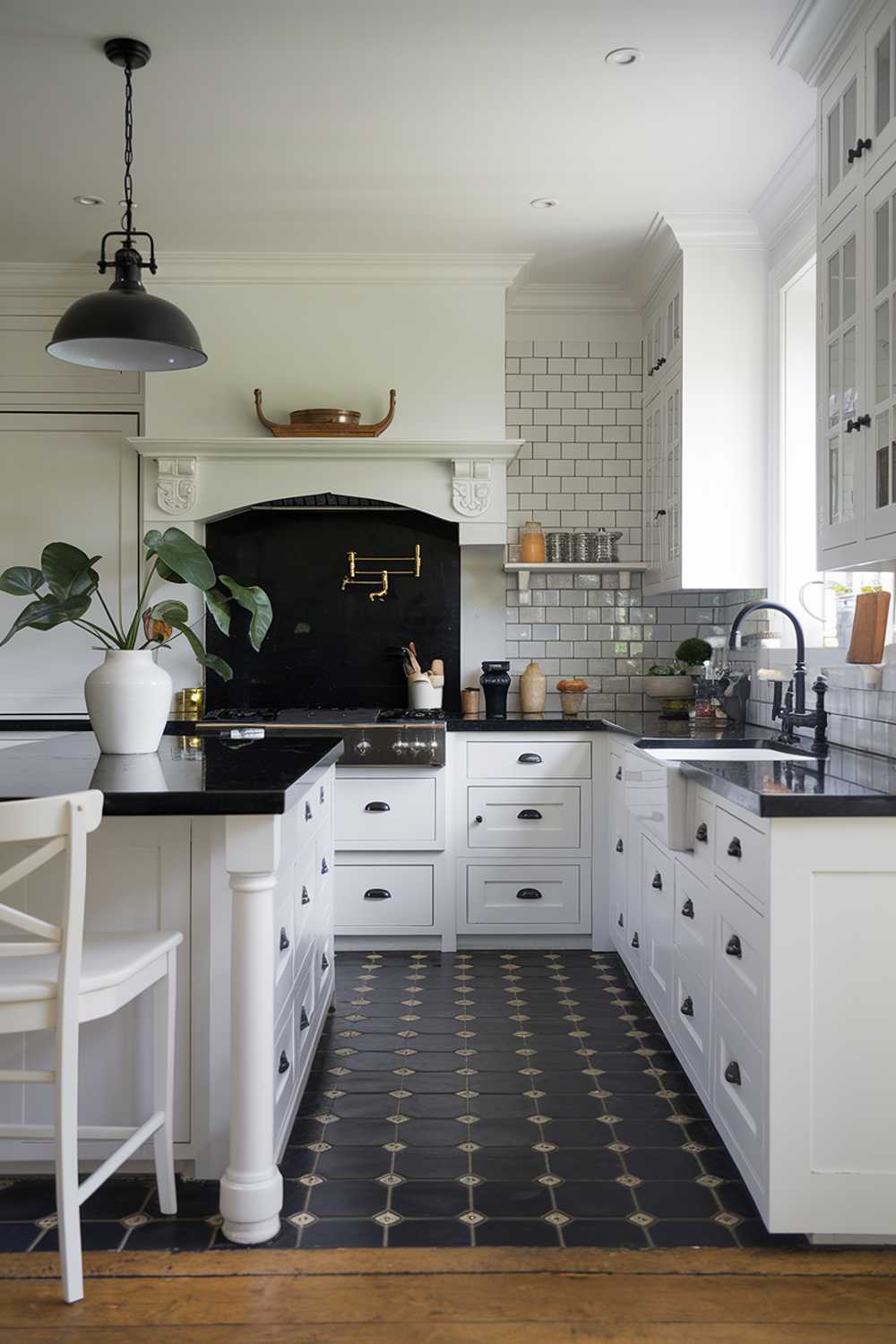 A cozy white kitchen with black accents. The kitchen has a white island with a black countertop, white cabinets, and a black backsplash. There is a white sink with a black faucet. The floor is made of black and white tiles. A black pendant light hangs over the island. A white chair is placed near the island. A potted plant is placed on the countertop.