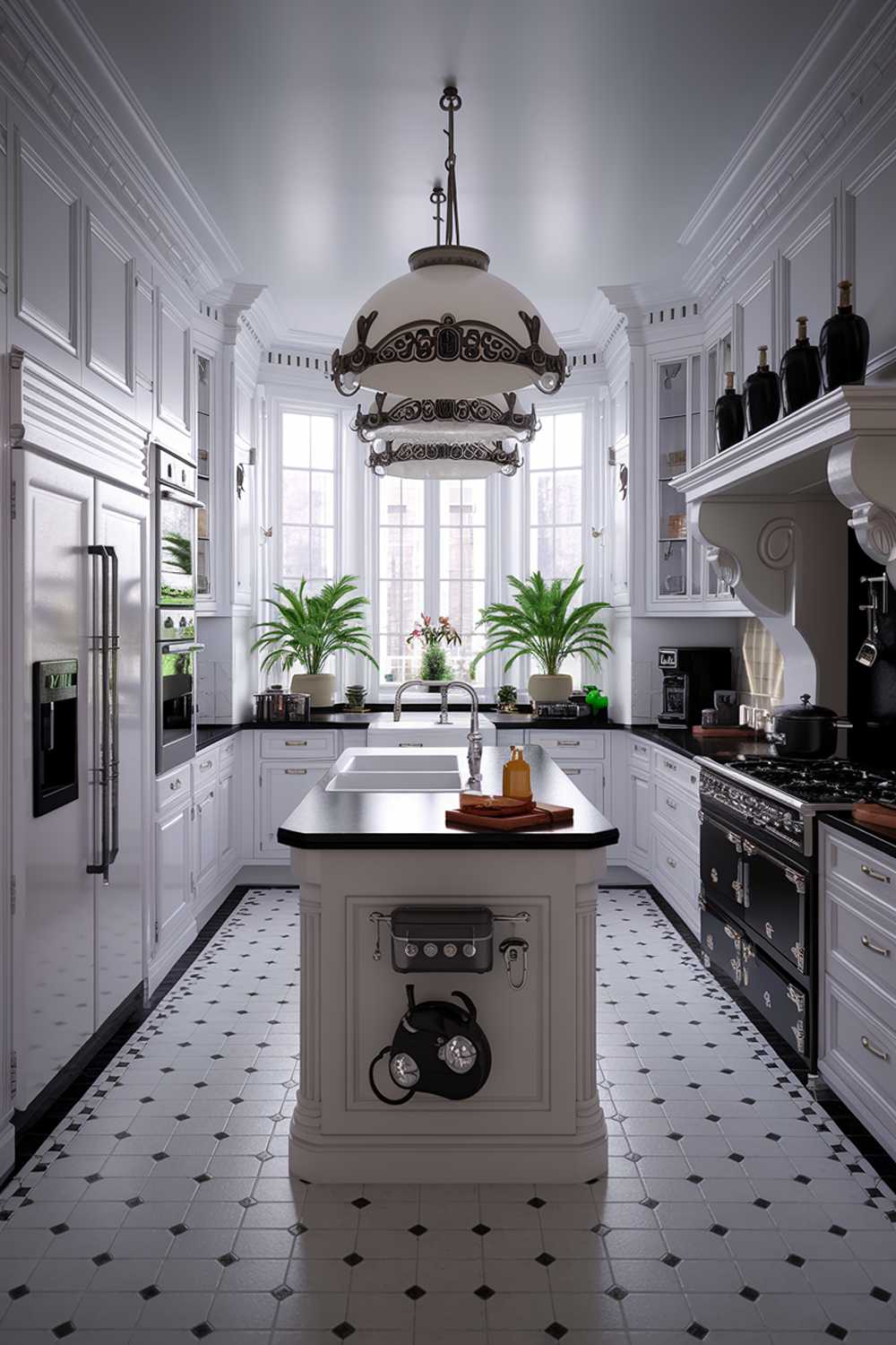 An elegant white kitchen with black accents. The kitchen has a large island in the middle with a sink and a few appliances. There's a refrigerator on the left wall, and a stove and oven on the right wall. Above the stove, there's a decorative black light fixture. The floor is made of black and white tiles. There are potted plants near the window.