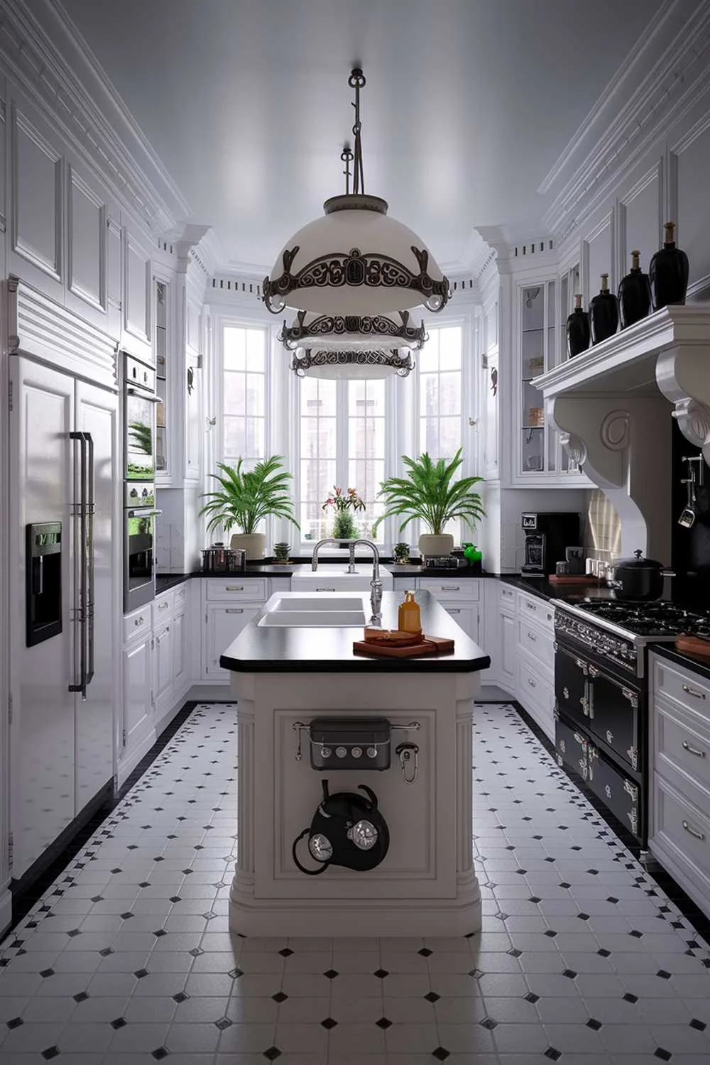 23 Stunning Black and White Kitchen Ideas for Timeless Style 19 An elegant white kitchen with black accents. The kitchen has a large island in the middle with a sink and a few appliances. There's a refrigerator on the left wall, and a stove and oven on the right wall. Above the stove, there's a decorative black light fixture. The floor is made of black and white tiles. There are potted plants near the window.