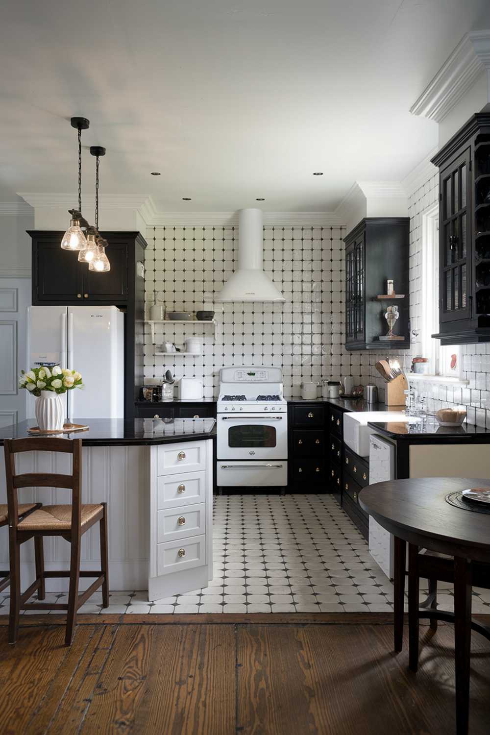 A white kitchen with black accents. The kitchen has a white island with black countertops, a white backsplash with black tiles, and black cabinets. There is a white stove, a white refrigerator, and a white sink. The floor is made of black and white checkered tiles. There is a wooden table with two chairs near the island. The lighting is bright