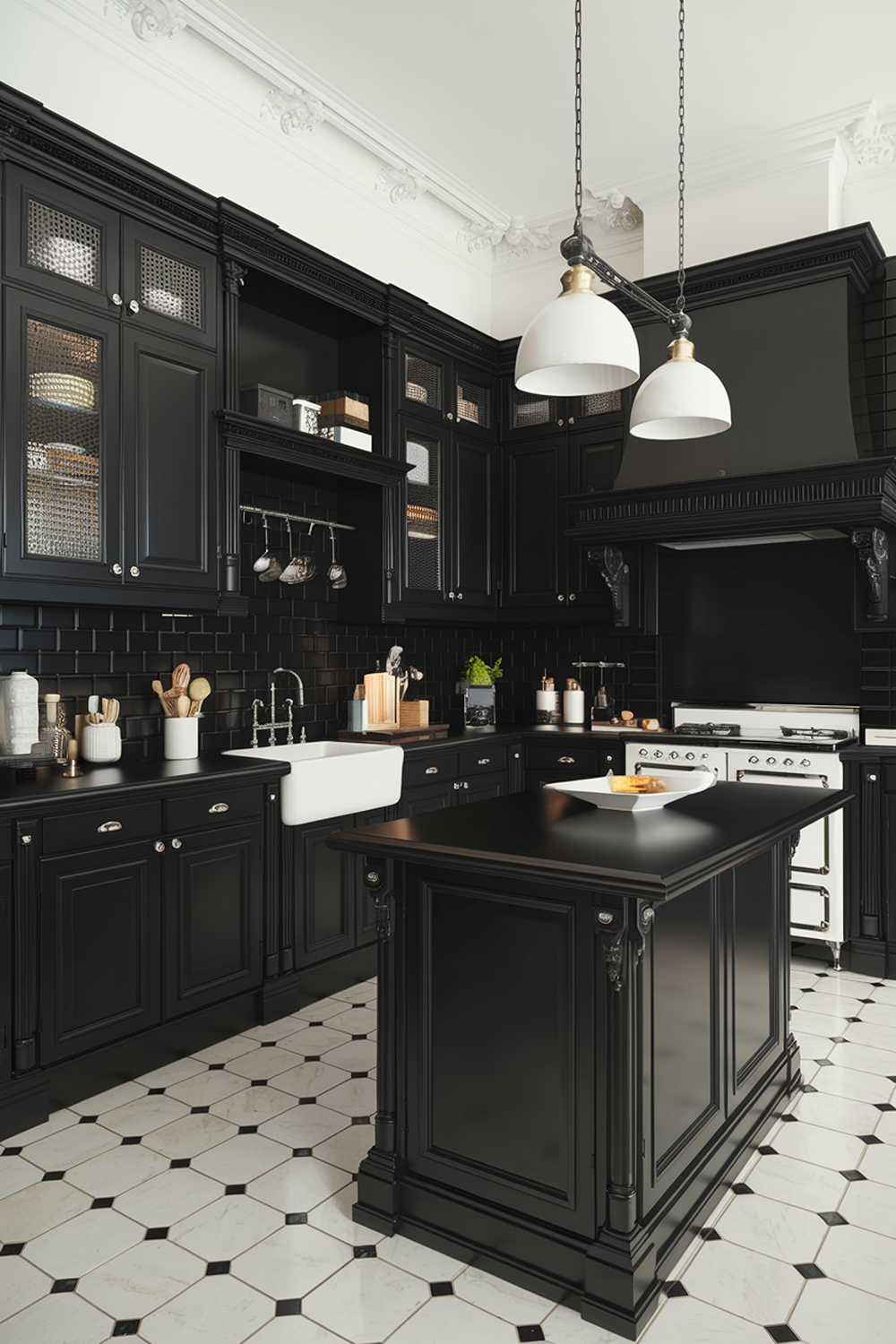 A stylish black kitchen with white accents. The kitchen has a black countertop, black cabinets, and a black backsplash. There is a white sink and a white stove. There is a black island with a white countertop in the middle of the kitchen. The floor is made of black and white tiles.