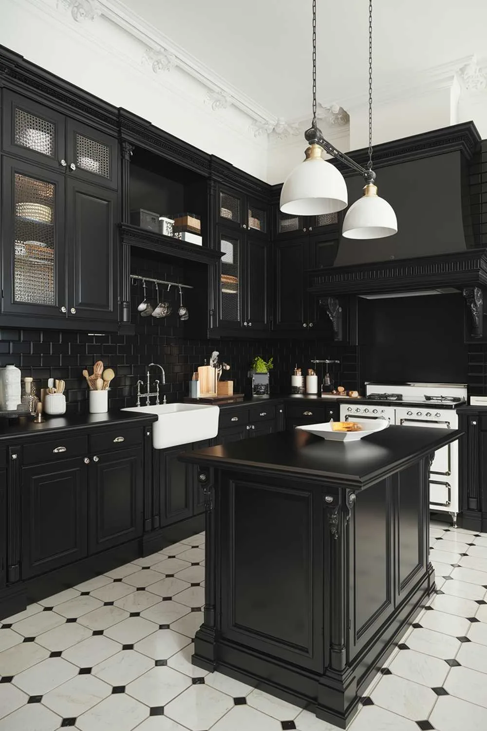 23 Stunning Black and White Kitchen Ideas for Timeless Style 21 A stylish black kitchen with white accents. The kitchen has a black countertop, black cabinets, and a black backsplash. There is a white sink and a white stove. There is a black island with a white countertop in the middle of the kitchen. The floor is made of black and white tiles.