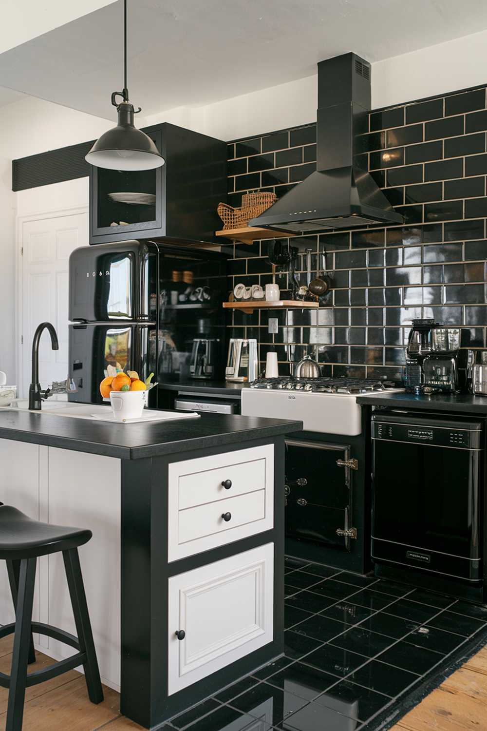 A black kitchen with white accents. The kitchen has a black island with a white countertop and a white sink. There is a black cabinet with a white drawer and a white door. There is a black backsplash with white tiles. The kitchen has black appliances, including a range hood, a refrigerator, and a dishwasher. There is a black stool near the island. The floor is made of black tiles.