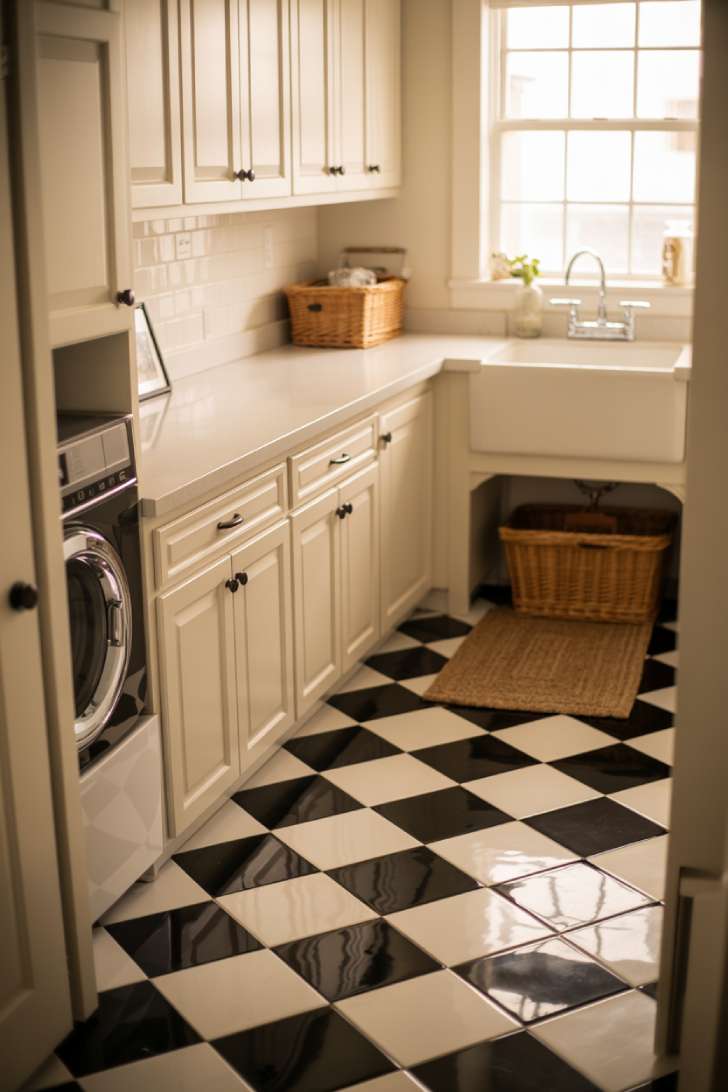 Black and white checkered tile floor in a cozy laundry room with white shaker cabinets and natural light