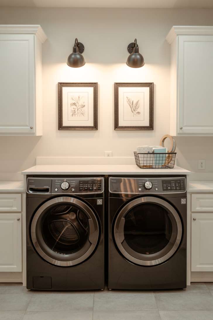 Laundry room with black stainless steel washer and dryer framed by white cabinets and countertop with botanical art above