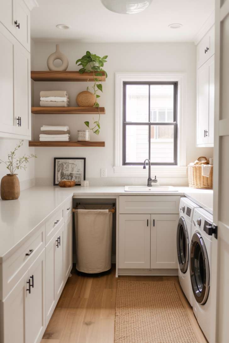 Airy white laundry room with matte black accents, walnut floating shelves, and a jute runner on hardwood floors