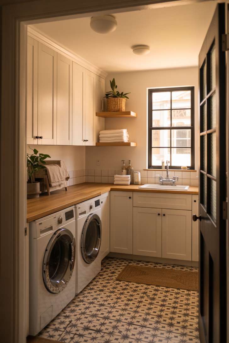 Cozy black and white laundry room with patterned cement tile floor, white shaker cabinets, butcher block countertop, and oak floating shelves