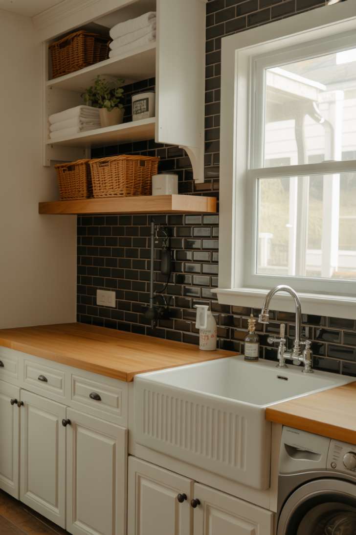 Farmhouse laundry room with black subway tile backsplash, white open shelves, and a butcher block countertop