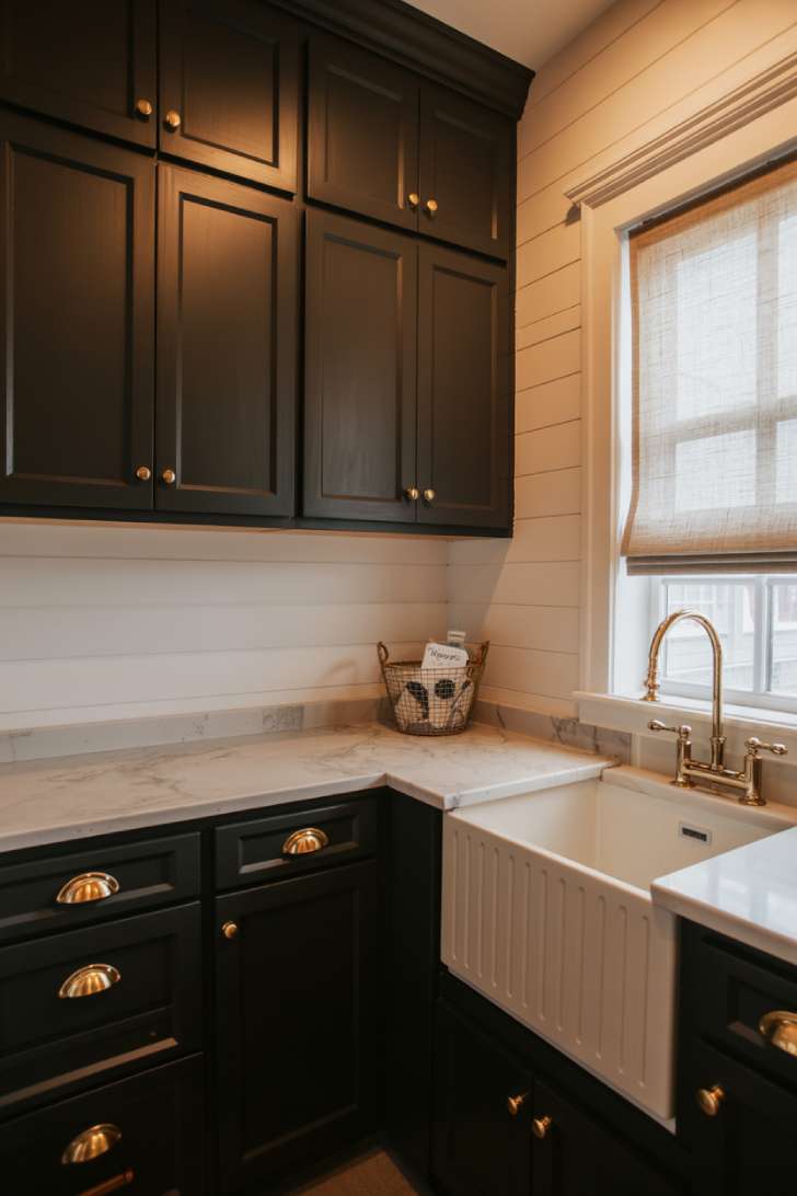 Laundry room with painted black cabinets, brass hardware, white marble countertop, and shiplap walls